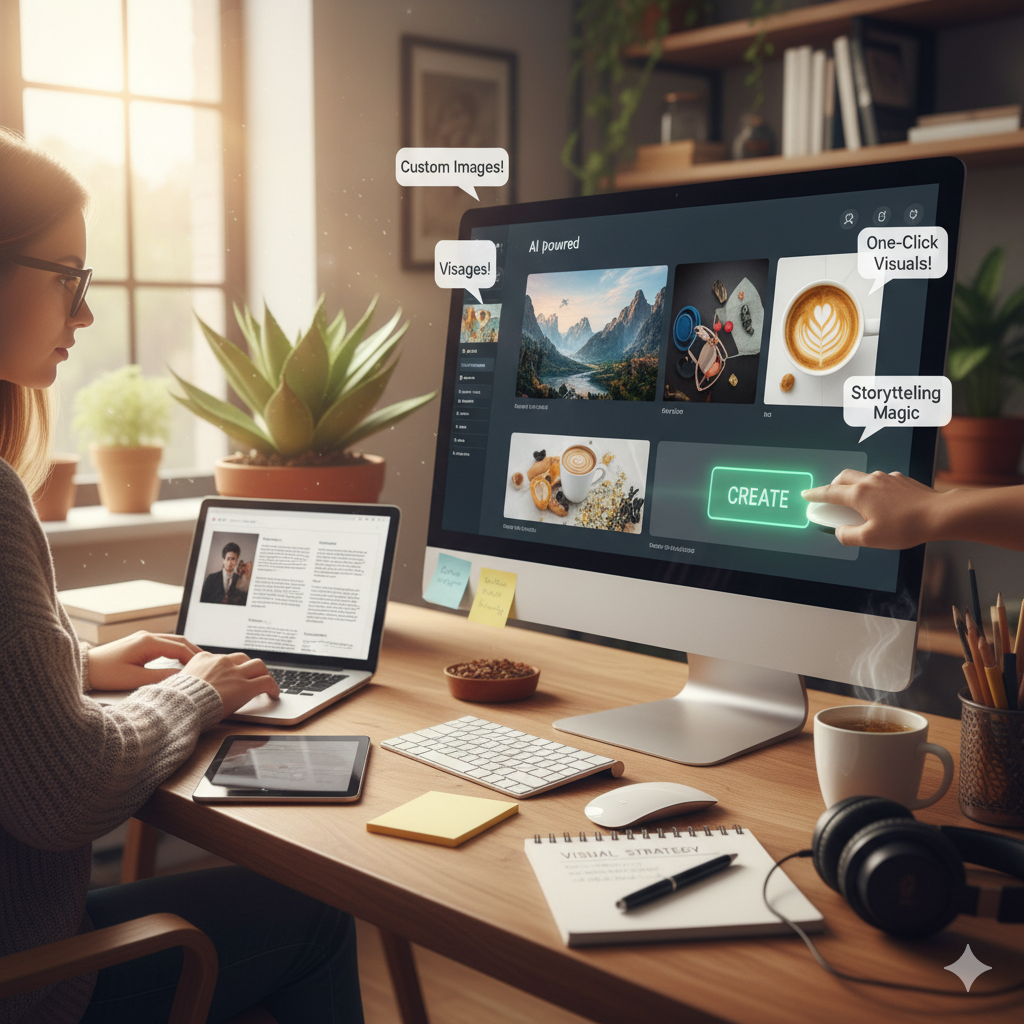 Blogger adding AI-generated images to article using Nano Banana Page